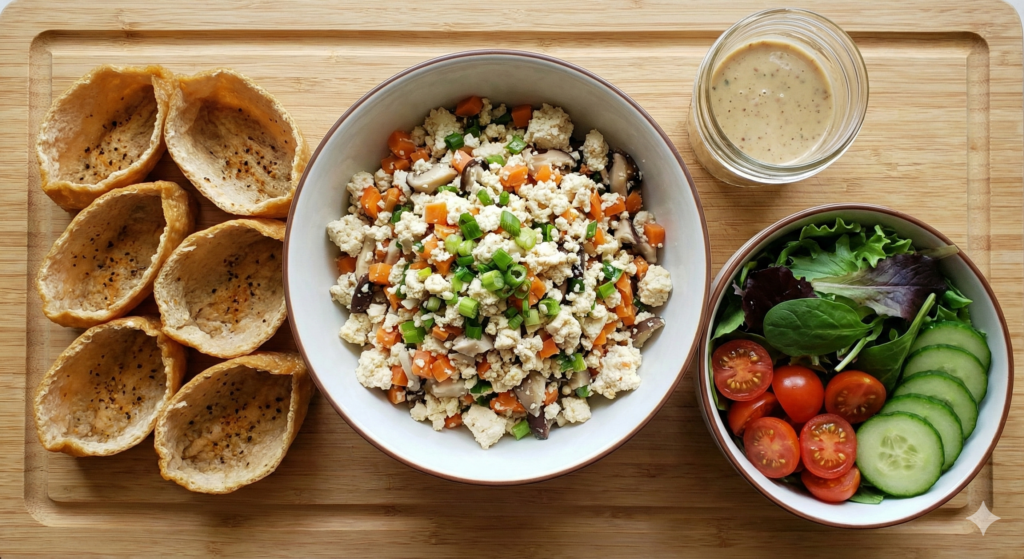 Biohacking ingredients for tofu inari sushi and mini salad: seasoned tofu pouches (inariage), mashed firm tofu mixed with chopped vegetables, fresh salad greens, cherry tomatoes, cucumbers, and sesame dressing.