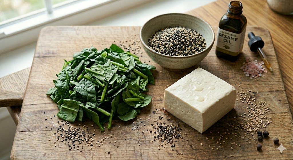 항노화 바이오해킹 식단을 위한 신선한 통깨, 두부, 시금치 재료